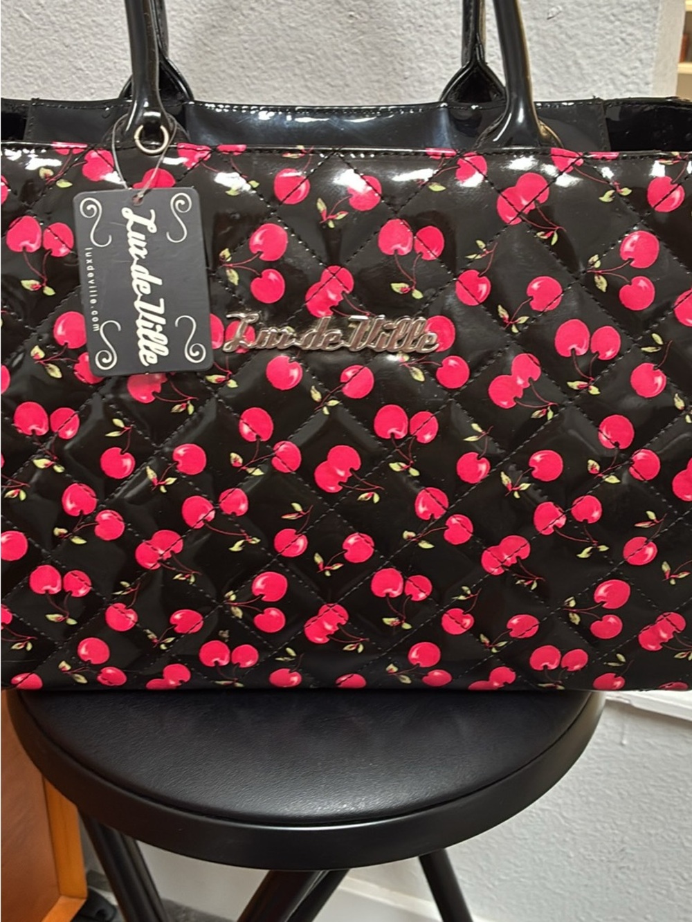 Lux de Ville Black Quilted Tote with Red Cherry Print